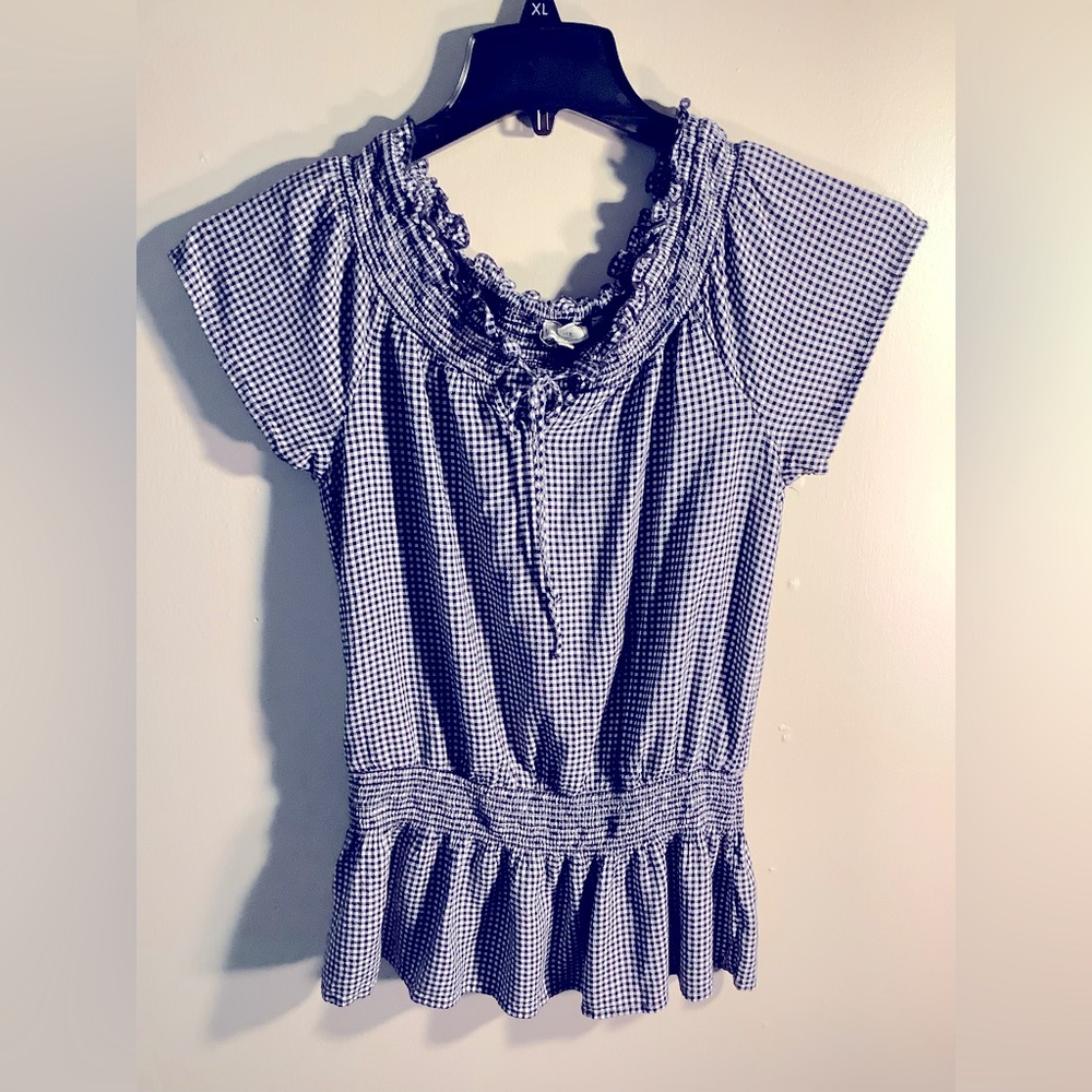 Blu-Navy Gingham Blouse Made in India 100% Viscose Size 8